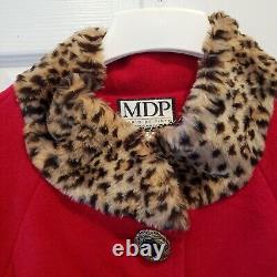 Vintage Mario De Pinto Button-Up Wool Coat Animal Print Collar Womens Sz 4B Red