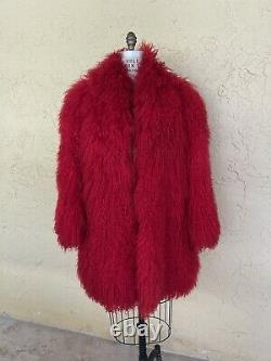 Vintage Mongolian Fur Coat Jacket Red Tibetan Lamb Shaggy Fur Glam Rock