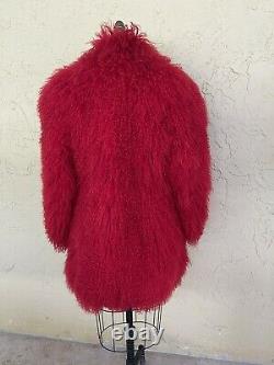 Vintage Mongolian Fur Coat Jacket Red Tibetan Lamb Shaggy Fur Glam Rock