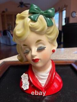 Vintage Napcoware Christmas Red Dress with Green Bow Lady Vase X6527