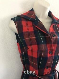 Vintage Nos Pendleton Classic Red/black Plaid Womens Belted Button Down Dress