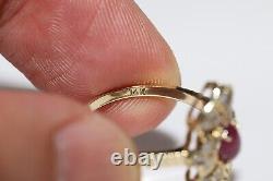 Vintage Original 14k Gold Natural Diamond And Cabochon Ruby Navette Ring