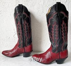 Vintage Panhandle Slim Western Cowboy Boots-Womens 5.5 Red Reptile/Black Leather