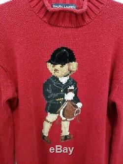Vintage Ralph Lauren Polo Sport Bear Hand Knit Sweater Red Equestrian Small