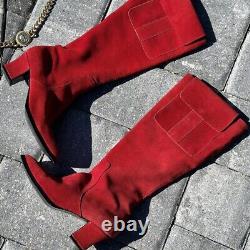 Vintage Red 100% Suede Knee High Boots With Pockets