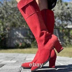 Vintage Red 100% Suede Knee High Boots With Pockets