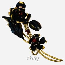 Vintage Red Austrian Crystal Gold Vermeil Flower Women's Brooch Estate Jewelry