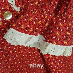 Vintage Red Calico Prairie Dress and Bonnet for Women Handmade Floral Print