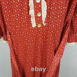 Vintage Red Calico Prairie Dress and Bonnet for Women Handmade Floral Print