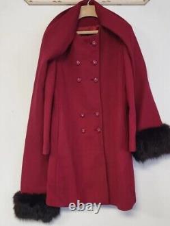 Vintage Red Coat Double Breasted Heavy Wool attached Scarf Fur Trim Small