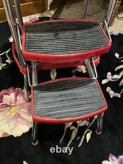 Vintage Red Cosco Chrome Kitchen Step Stool Farm Chair Plant Stand Vinyl