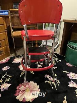 Vintage Red Cosco Chrome Kitchen Step Stool Farm Chair Plant Stand Vinyl