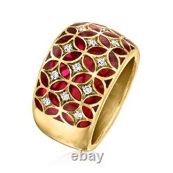 Vintage Red Enamel and. 35 ct. T. W. Diamond Ring in 18kt Yellow Gold. Size 8