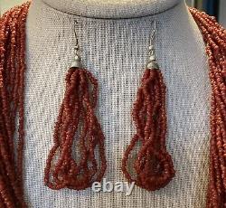 Vintage Red Glass Bead Necklace with Matching Earrings
