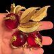 Vintage Red Glass Brooch Set Clip On Earrings Cabochon Textured Gold Tone Leaf