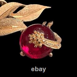 Vintage Red Glass Brooch Set Clip On Earrings Cabochon Textured Gold Tone Leaf