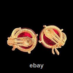 Vintage Red Glass Brooch Set Clip On Earrings Cabochon Textured Gold Tone Leaf