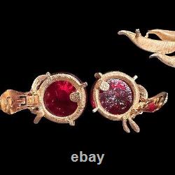 Vintage Red Glass Brooch Set Clip On Earrings Cabochon Textured Gold Tone Leaf