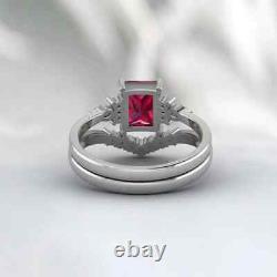 Vintage Red Glass Filled Ruby & Moissanite 925 Sterling Silver Wedding Ring Set
