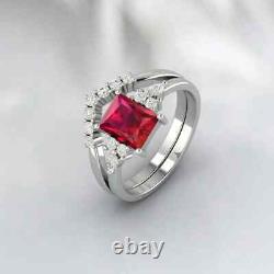 Vintage Red Glass Filled Ruby & Moissanite 925 Sterling Silver Wedding Ring Set
