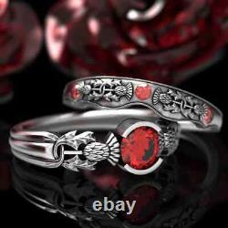 Vintage Red Glass Filled Ruby White Gold Plated Antique Wedding Ring Set For her