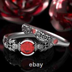 Vintage Red Glass Filled Ruby White Gold Plated Antique Wedding Ring Set For her