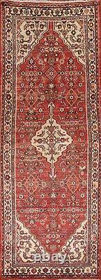 Vintage Red/ Ivory Geometric Hamedan Runner Rug 3' 5 x 9' 9 Handmade Wool Rug