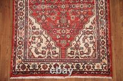 Vintage Red/ Ivory Geometric Hamedan Runner Rug 3' 5 x 9' 9 Handmade Wool Rug