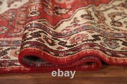 Vintage Red/ Ivory Geometric Hamedan Runner Rug 3' 5 x 9' 9 Handmade Wool Rug