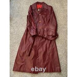 Vintage Red Leather Belted Ankle Length Trench Coat