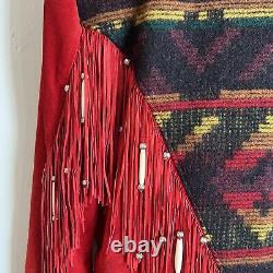 Vintage Red Leather Fringe Blanket Jacket