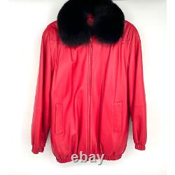 Vintage Red Leather Jacket With Rabbit Fur Collar Small Large 1980's