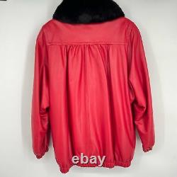 Vintage Red Leather Jacket With Rabbit Fur Collar Small Large 1980's