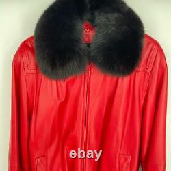 Vintage Red Leather Jacket With Rabbit Fur Collar Small Large 1980's