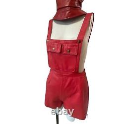 Vintage Red Leather Jumpsuit Romper Shorts Overalls Newey England & Bucket Hat S