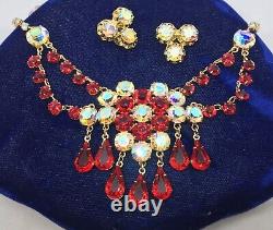Vintage Red Pink Aurora Borealis Pear Rhinestone Dangle Festoon Necklace Earring