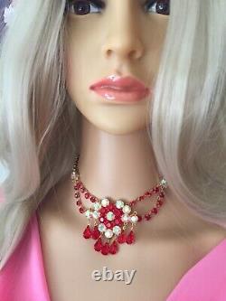 Vintage Red Pink Aurora Borealis Pear Rhinestone Dangle Festoon Necklace Earring