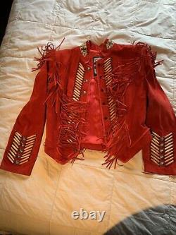 Vintage Red Renegade Ren Ellis Women's Fringe Suede Bead/Wood Trim Jacket -Sz 10