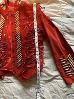 Vintage Red Renegade Ren Ellis Women's Fringe Suede Bead/Wood Trim Jacket -Sz 10