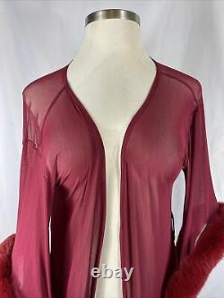 Vintage Red Sheer Nylon Faux Fur Trim Robe Womens Size Large Dressing Gown