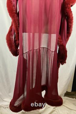 Vintage Red Sheer Nylon Faux Fur Trim Robe Womens Size Large Dressing Gown