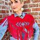 Vintage Red Suede Fringe Bib Poncho Collar With Suede Feathers