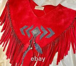Vintage Red Suede Fringe Bib Poncho Collar with Suede Feathers