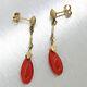 Vintage Retro Estate Women's 14k Solid Yellow Gold Red Coral Dangle Earrings
