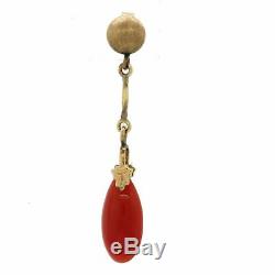 Vintage Retro Estate Women's 14k Solid Yellow Gold Red Coral Dangle Earrings