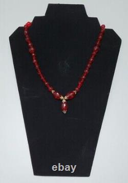 Vintage Ruby Red Austrian Crystal Necklace withGold Tone Filigreed Caps