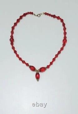 Vintage Ruby Red Austrian Crystal Necklace withGold Tone Filigreed Caps