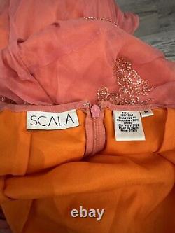 Vintage Scala Y2K Orange Red Silk Beaded Formal Gown Cocktail Dress Size Medium
