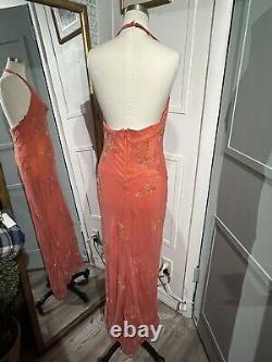 Vintage Scala Y2K Orange Red Silk Beaded Formal Gown Cocktail Dress Size Medium