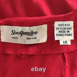 Vintage Soo Yung Lee Women's Silk Gown V-Neck Long Sleeve Red Stripe Sz 12